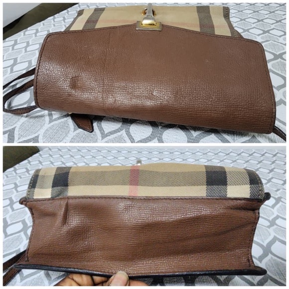 Authentic BURBERRYDerby Calfskin House Check Small Macken Crossbody Bag Beige/Br - Picture 8 of 16